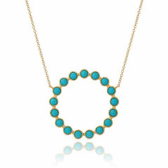 bezel set turquoise open circle necklace in yellow gold