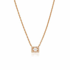 baguette with halo necklace in rose gold