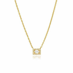 baguette with halo necklace in yellow gold