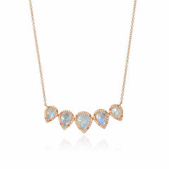 five pear shape rainbow moonstone necklace in rose gold