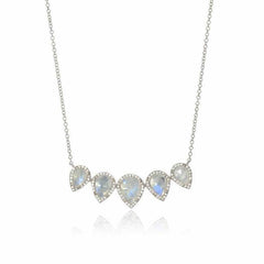 five pear shape rainbow moonstone necklace in white gold