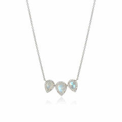 triple pear shape Rainbow moonstone necklace in white gold