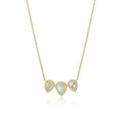 triple pear shape Rainbow moonstone necklace in yellow gold