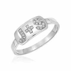 initial diamond plaque ring in white gold