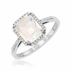 Emerald Cut Rainbow Moonstone and Diamond Ring