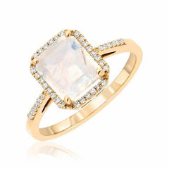 Emerald Cut Rainbow Moonstone and Diamond Ring