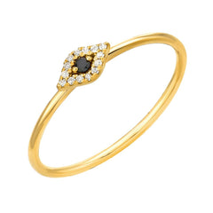 14k yellow gold evil eye ring with black and white diamonds