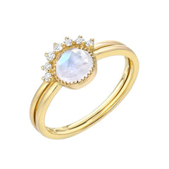 two ring set with rainbow moonstone in yellow gold