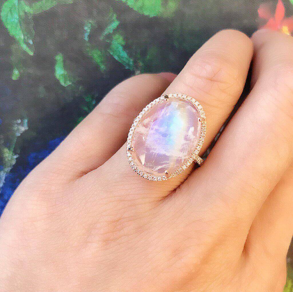 One of a Kind Organic Shaped Rainbow Moonstone Ring