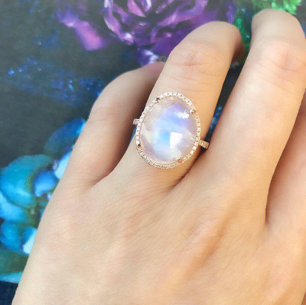 One of a Kind Organic Shaped Rainbow Moonstone Ring