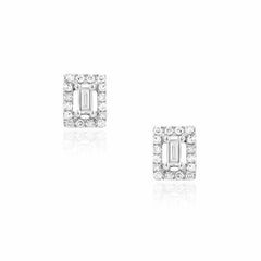 baguette with halo earrings in white gold