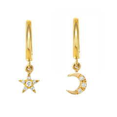 dangling diamond moon and star on petite gold huggies