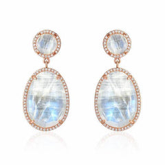 double drop rainbow moonstone and diamond post earrings in rose gold