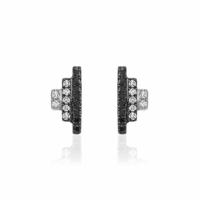 Ombre step post earrings with black and white diamonds in white gold and black rhodium