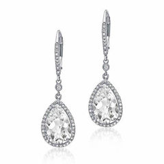 White Topaz & Diamond Pear Shape Dangle Earrings in White Gold