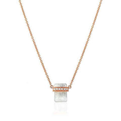 diamond wrapped flat emerald cut rainbow moonstone necklace in rose gold