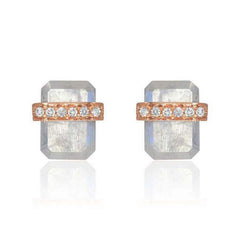 diamond wrapped flat emerald cut rainbow moonstone posts in rose gold