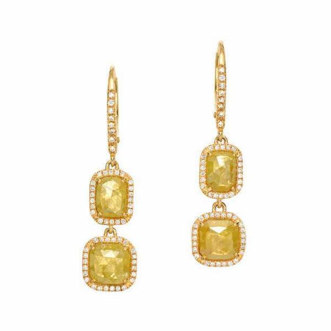 one of a kind rustic diamond double dangle earrings in yellow gold