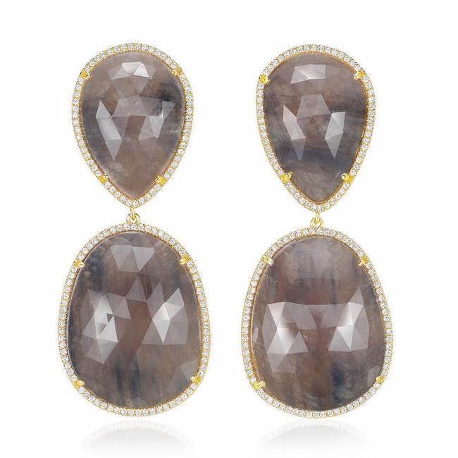 one of a kind sapphire drop post earrings with diamonds in yellow gold