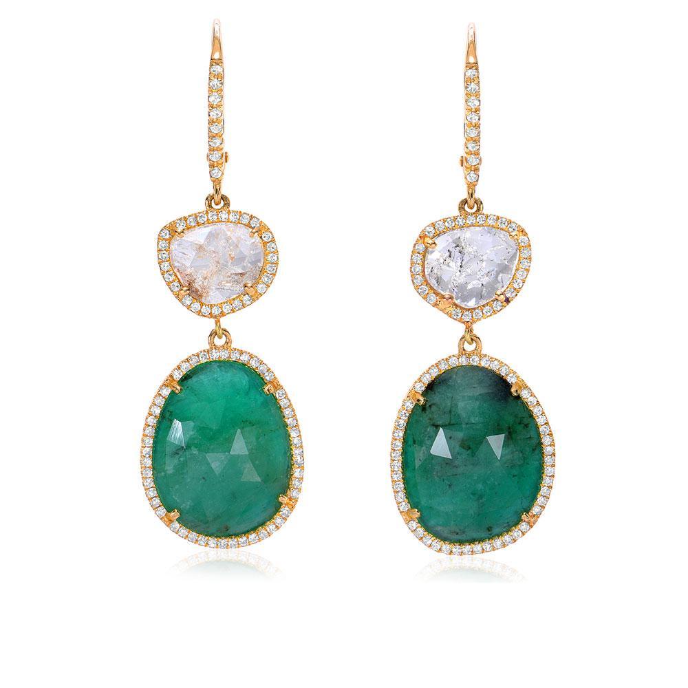 One of a Kind Diamond Slice and Emerald Drop Earrings