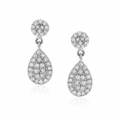small disc and pear pave post earrings in white gold